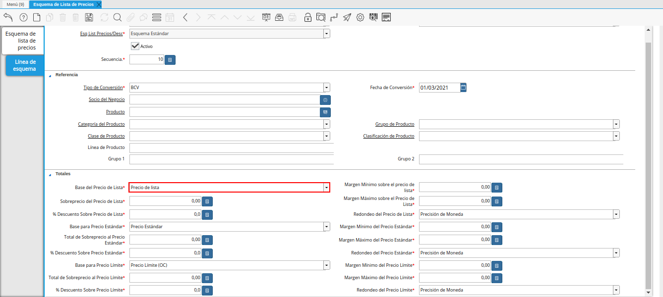 campo base del precio de lista de la pestaña línea de esquema