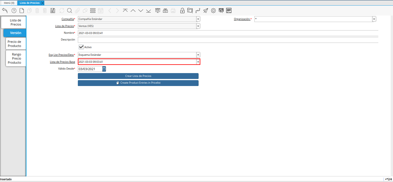 campo lista de precios base para lista de precios desde otra