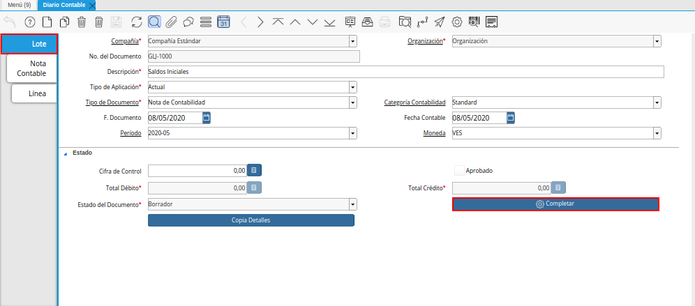 Pestaña Lote y Opción Completar