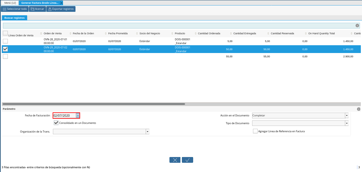 Campo Fecha de Facturación de la Ventana Generar Factura desde Líneas de la Orden