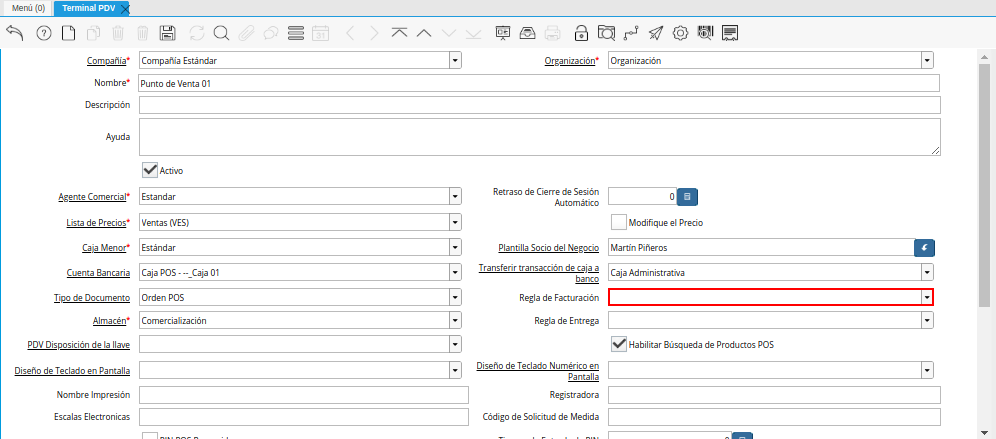 Campo Regla de Facturación de la Ventana Terminal PDV