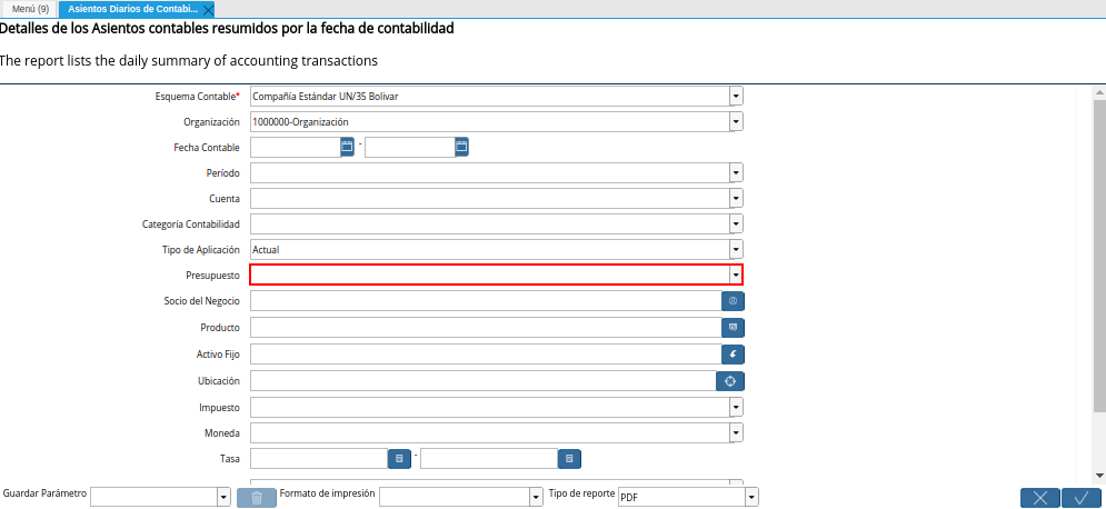 Campo Presupuesto de la Ventana Asientos Diarios de Contabilidad
