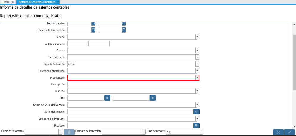 Campo Presupuesto de la Ventana Detalles de Asientos Contables