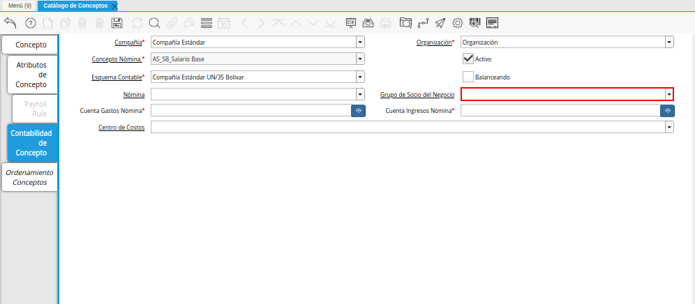 Campo Grupo de Socio del Negocio de la Pestaña Contabilidad de Concepto