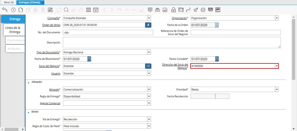 Campo Dirección del Socio del Negocio de la Ventana Entregas Cliente