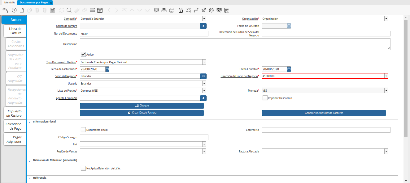 Campo Dirección del Socio del Negocio de la Ventana Documentos por Pagar desde Orden de Compra