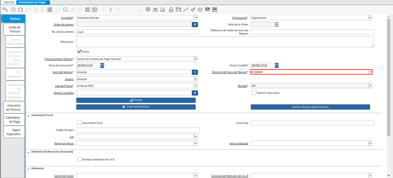 Campo Dirección del Socio del Negocio