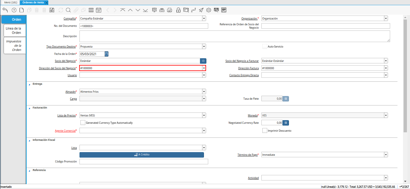 campo dirección del socio del negocio de la ventana órdenes de venta