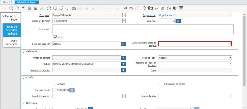 Campo Cuenta Bancaria Socio del Negocio del Documento Orden de Pago desde Factura