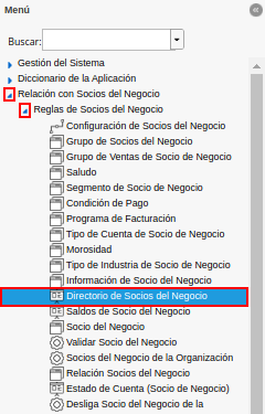menú del directorio de socios del negocio