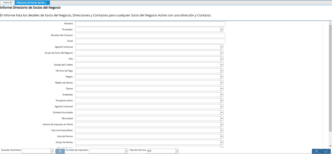 ventana del reporte directorio de socios del negocio