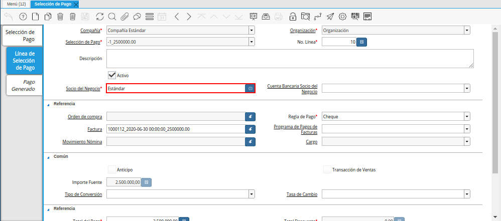 Socio de Negocio Factura del Documento Orden de Pago desde Factura