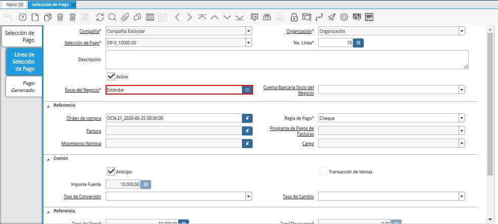 Socio de Negocio del Documento Orden de Pago desde Orden