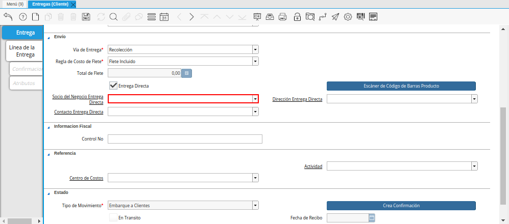 Campo Socio del Negocio Entrega Directa de la Ventana Entregas Cliente