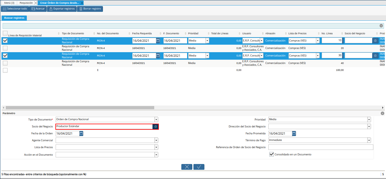 campo socio del negocio para la orden de compra