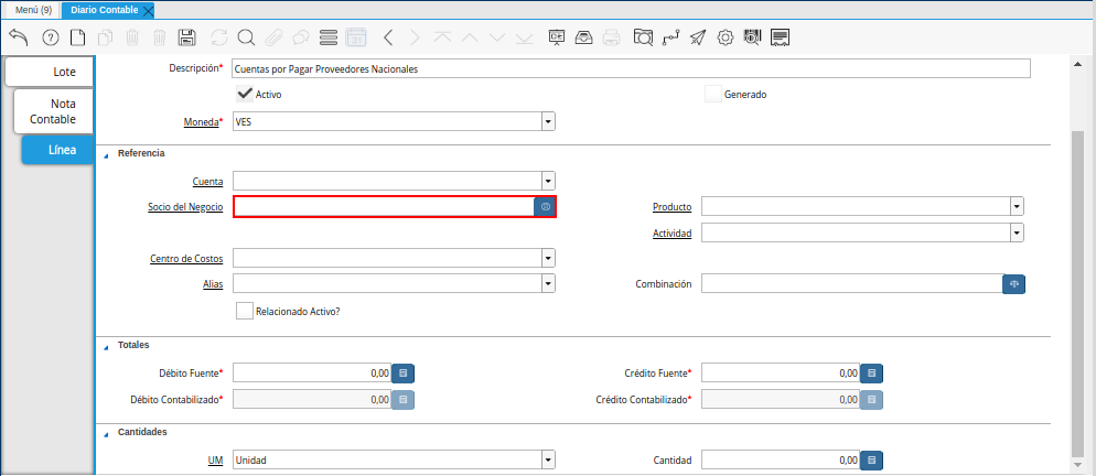 Campo Socio del Negocio de la Pestaña Línea de la Ventana Diario Contable