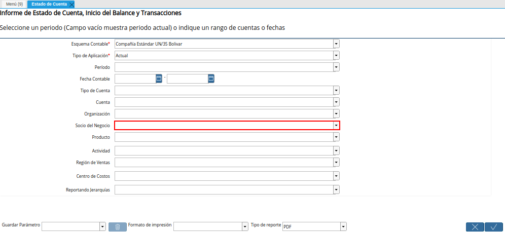 Campo Socio del Negocio de la Ventana Estado de Cuenta