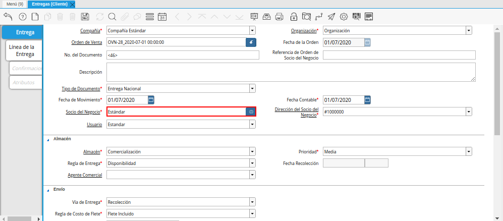 Campo Socio del Negocio de la Ventana Entregas Cliente