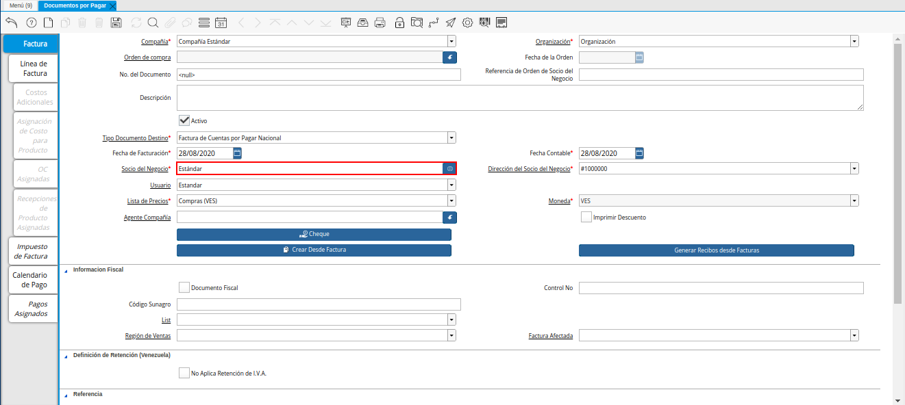 Campo Socio del Negocio de la Ventana Documentos por Pagar desde Orden de Compra