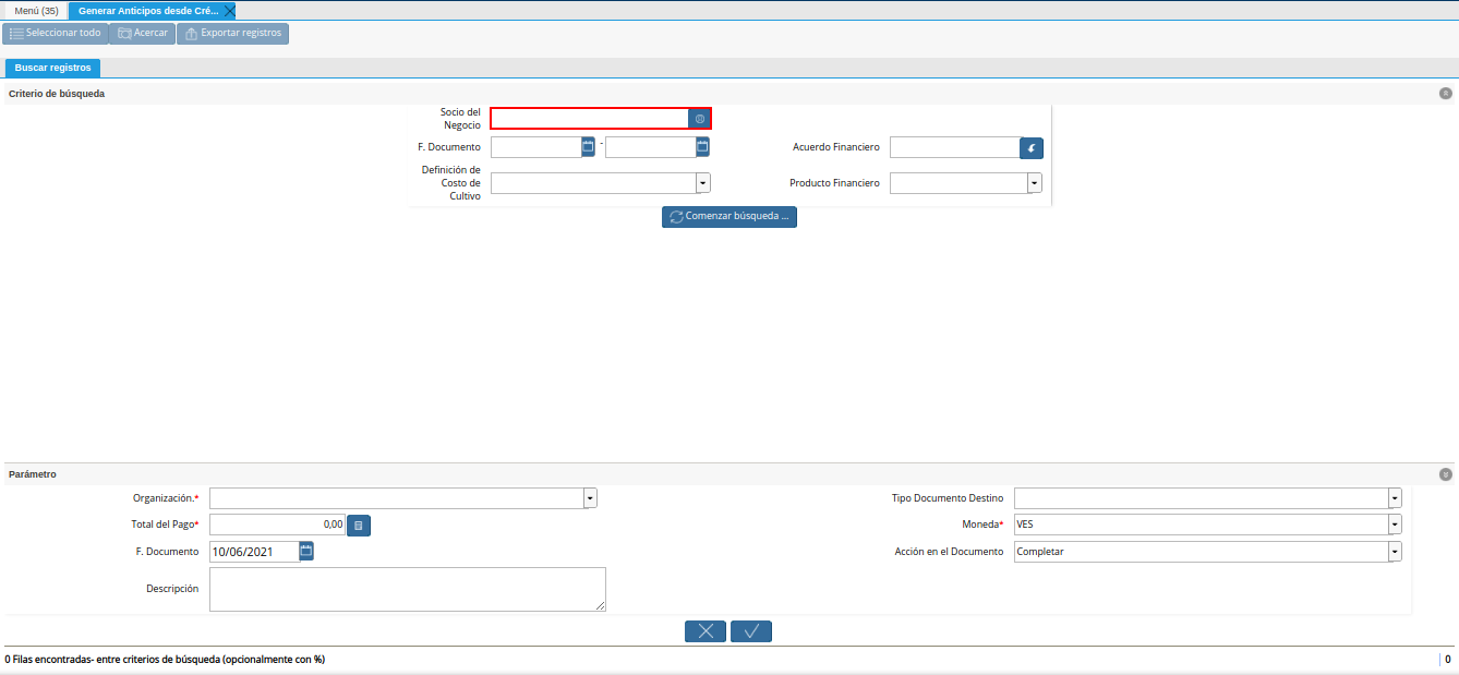 campo socio del negocio del generar anticipos desde crédito al productor