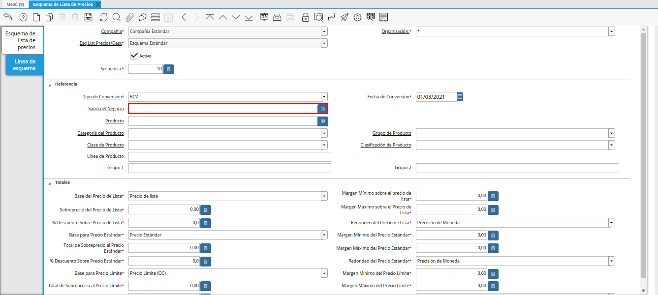 campo socio del negocio de la pestaña línea de esquema