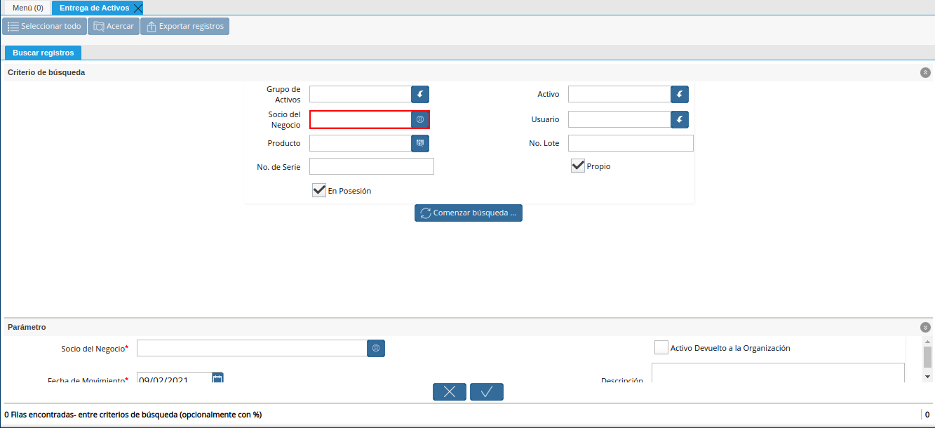 campo socio del negocio de la ventana entrega de activos