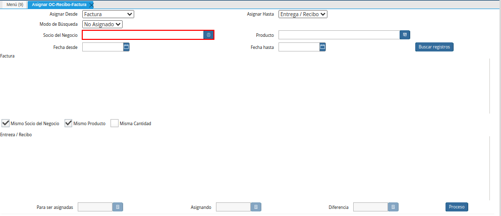 Campo Socio del Negocio de la Ventana Asignar OC Recepción Factura