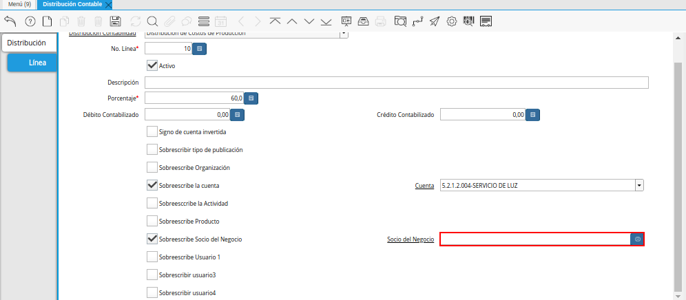 Campo Socio del Negocio del Checklist Sobreescribe Socio del Negocio de la Pestaña Línea de la Ventana Distribución Contable