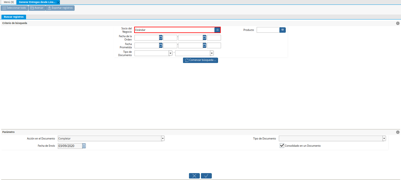 Campo Socio del Negocio de la Ventana Generar Entrega desde Líneas de la Orden