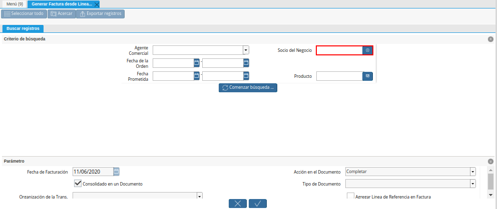 Campo Socio del Negocio de la Ventana Generar Factura desde Líneas de la Orden