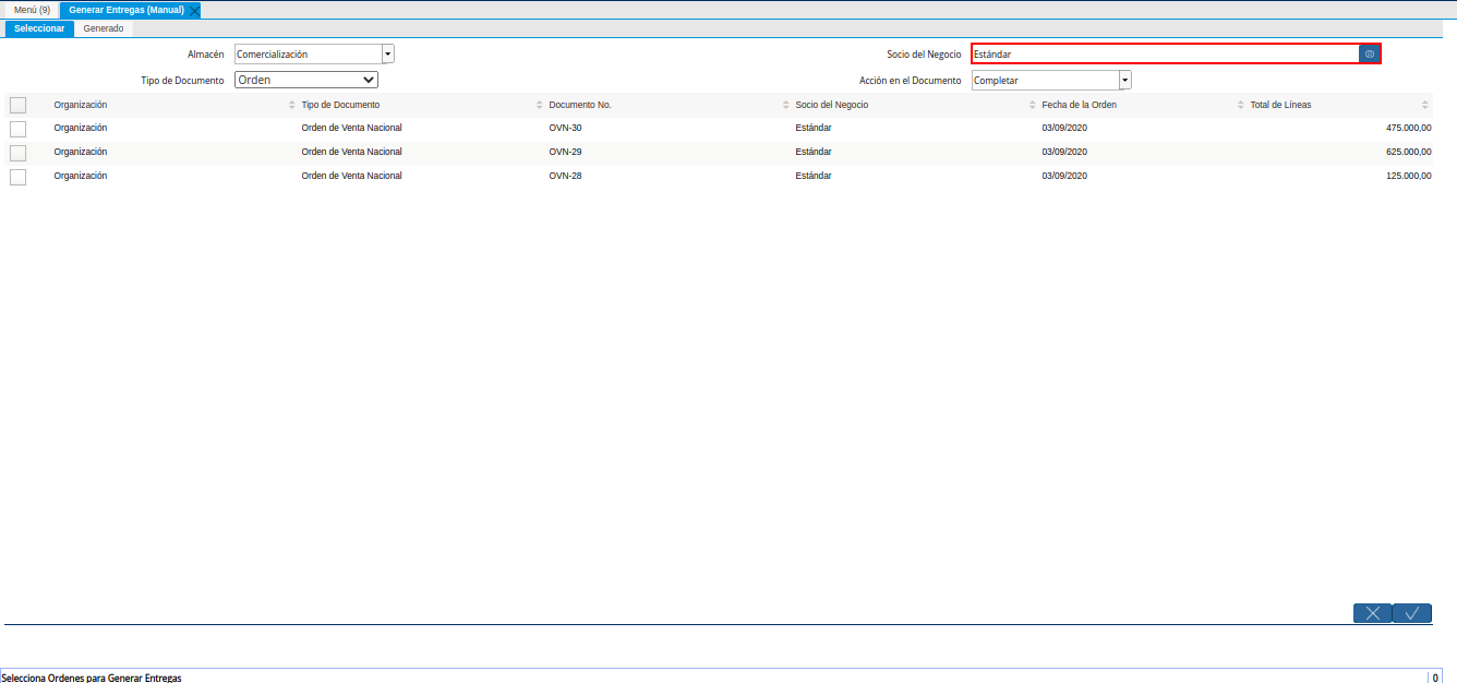 Campo Socio del Negocio de la Ventana Generar Entregas Manual