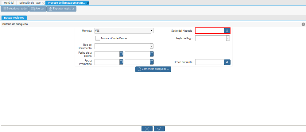 Campo Socio de Negocio de la Ventana de Búsqueda Inteligente del Proceso Crear Desde Orden