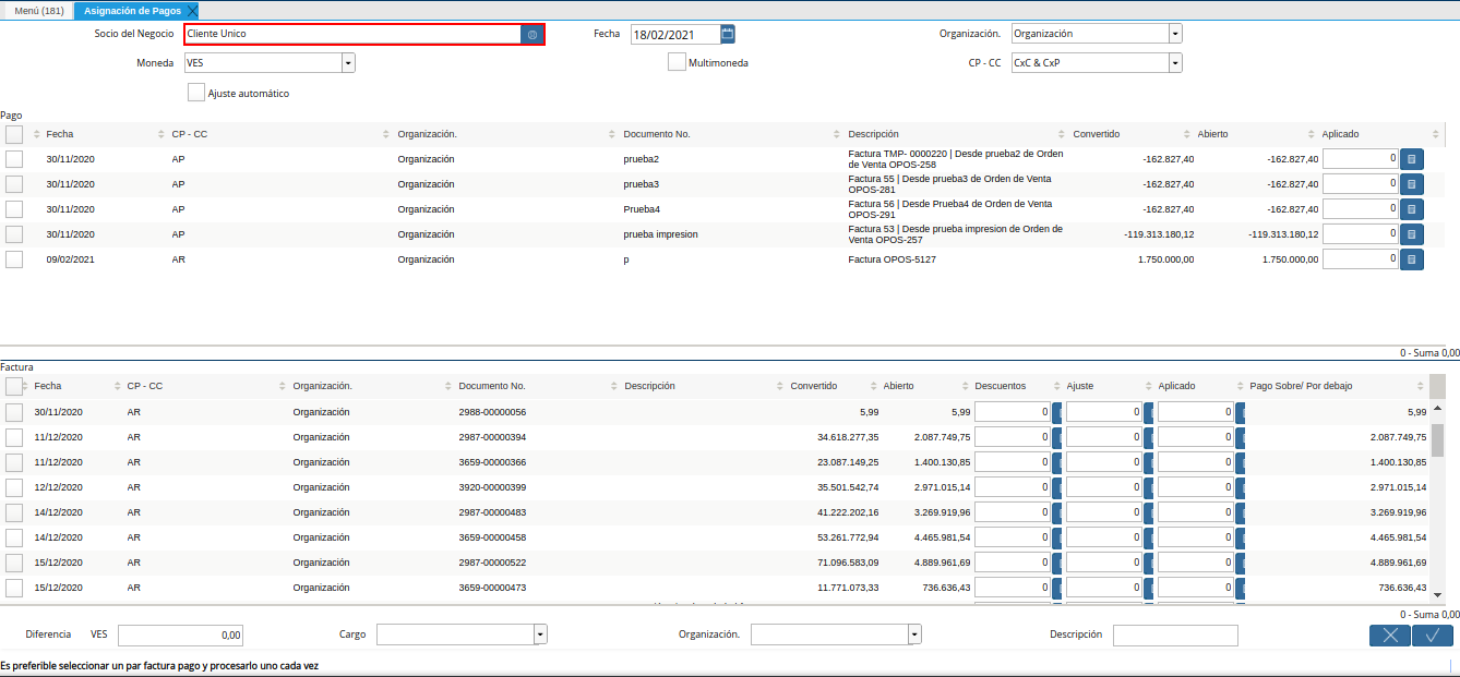 campo socio del negocio de la ventana asignación de pagos