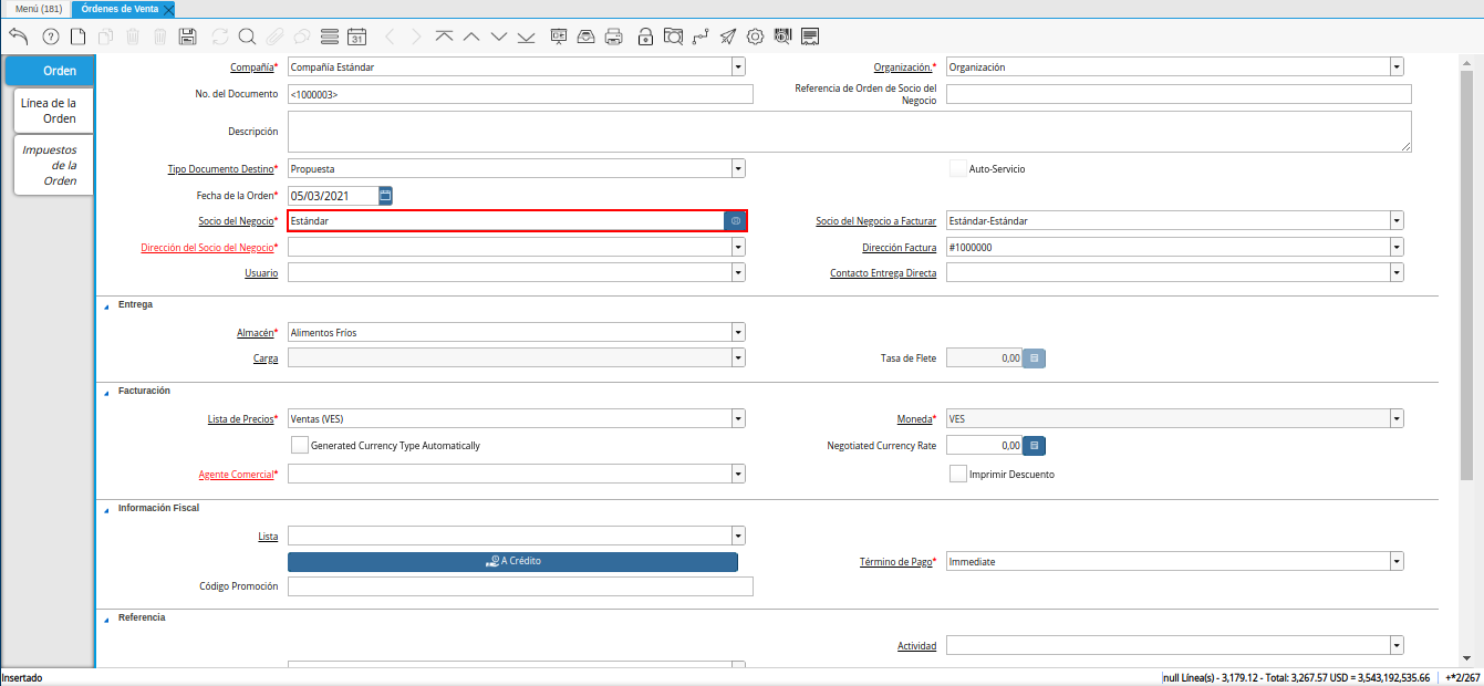 campo socio del negocio de la ventana órdenes de venta