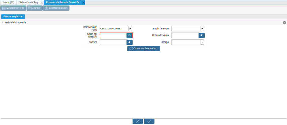 Campo Socio del Negocio de la Ventana de Búsqueda Inteligente del Proceso Crear desde la Selección de Pago