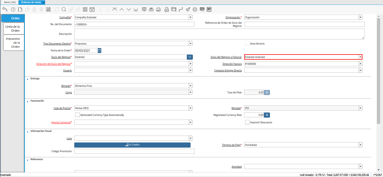 campo socio del negocio a facturar de la ventana órdenes de venta