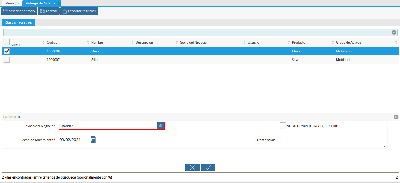 campo socio del negocio a entregar de la ventana entrega de activos
