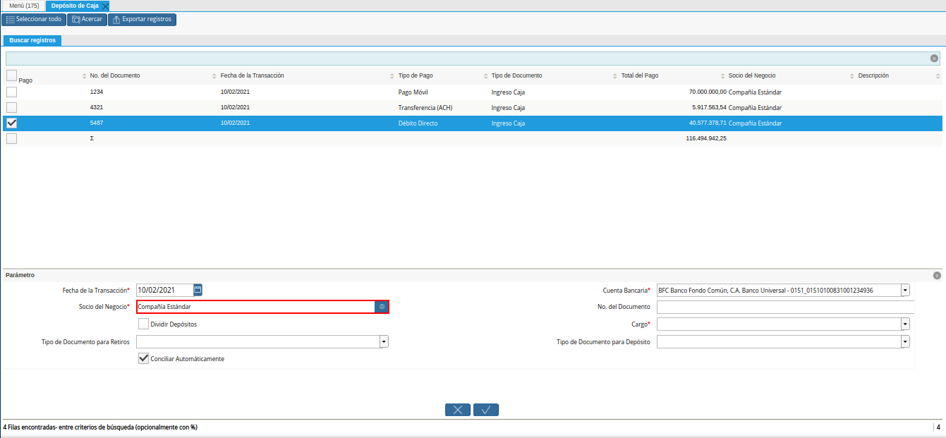campo socio del negocio a depositar de la ventana deposito a caja