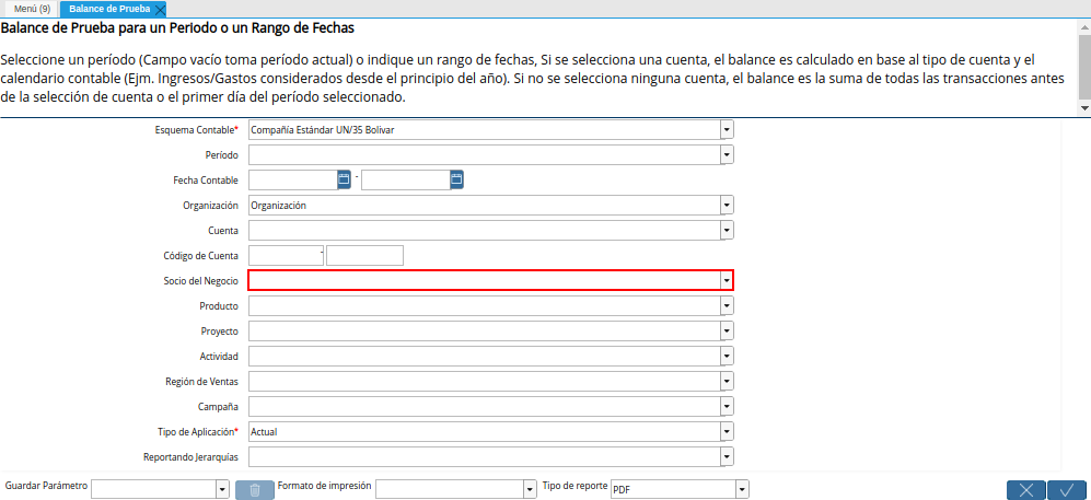 Campo Socio del Negocio de la Ventana Balance de Prueba