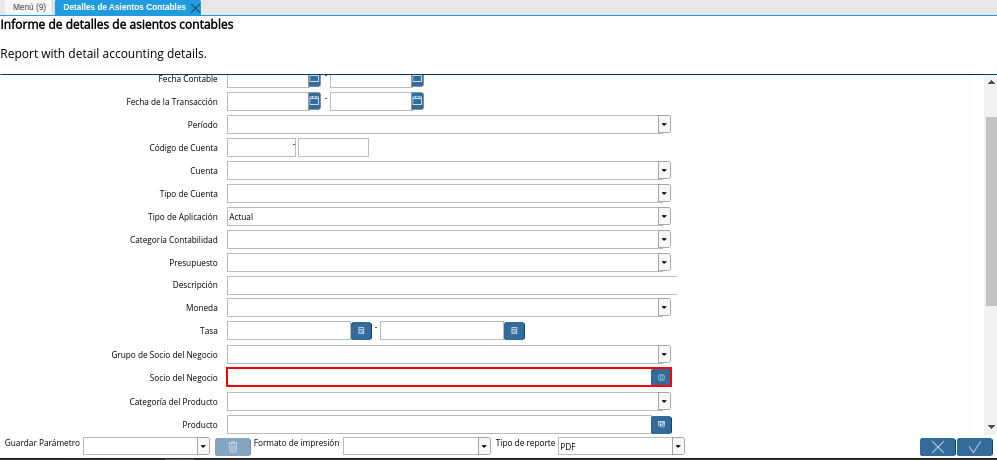 Campo Socio del Negocio de la Ventana Detalles de Asientos Contables