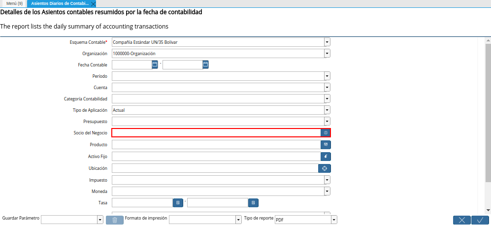 Campo Socio del Negocio de la Ventana Asientos Diarios de Contabilidad