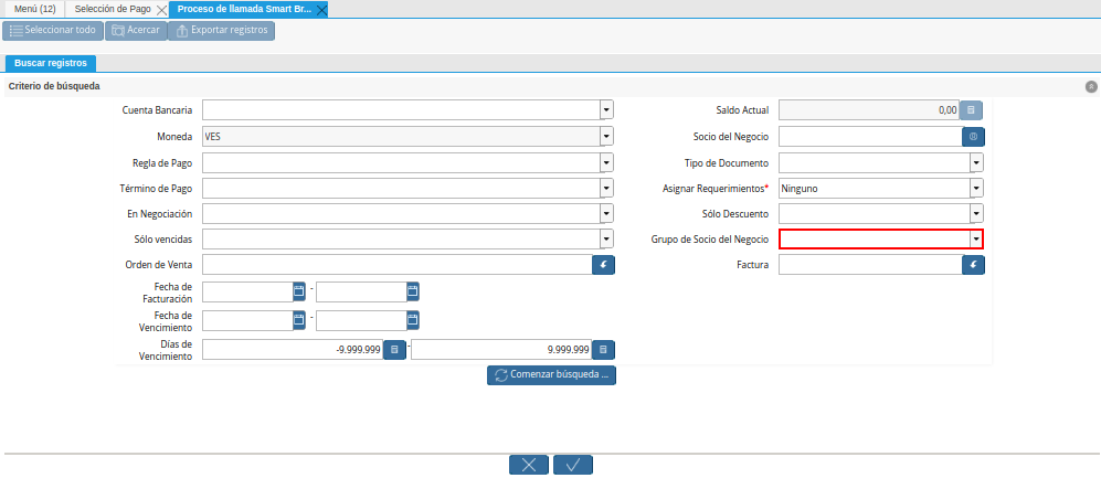 Campo Grupo de Socio del Negocio de la Ventana de Búsqueda Inteligente del Proceso Crear Desde Factura