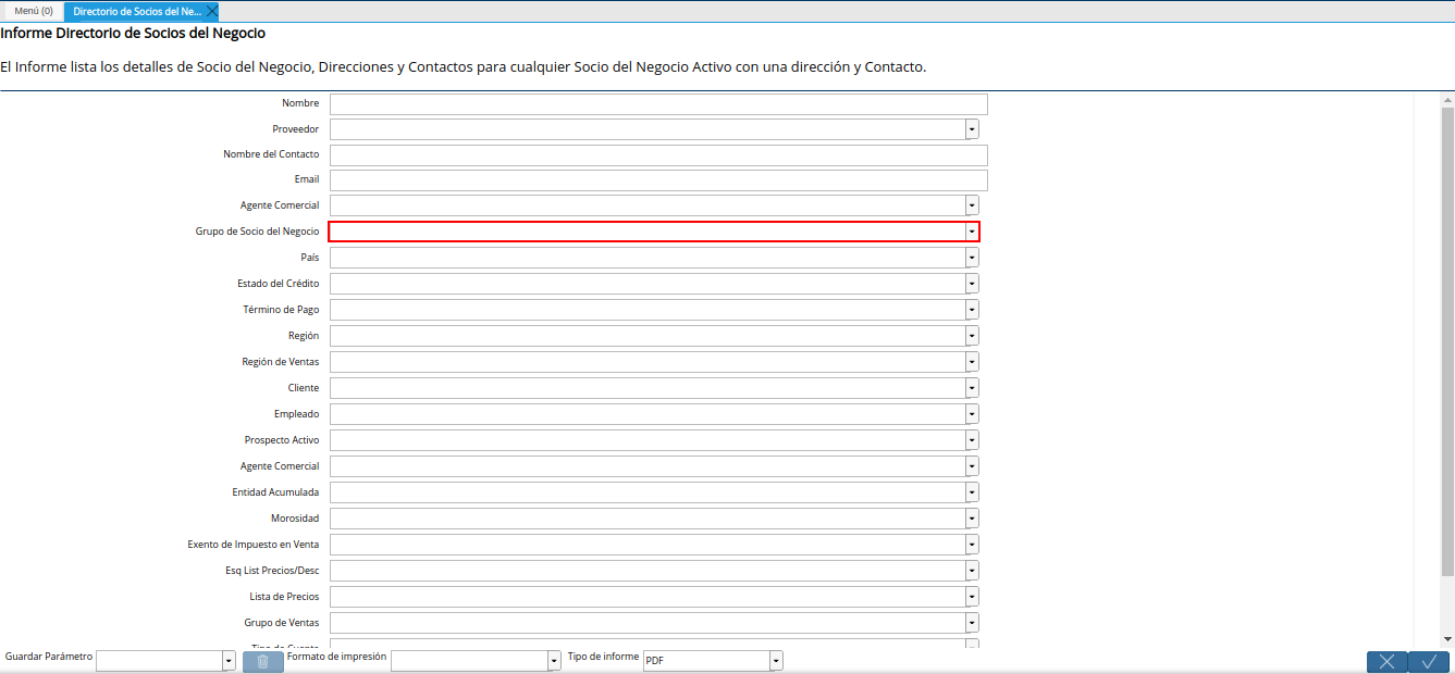 campo grupo de socio del negocio del reporte directorio de socios del negocio
