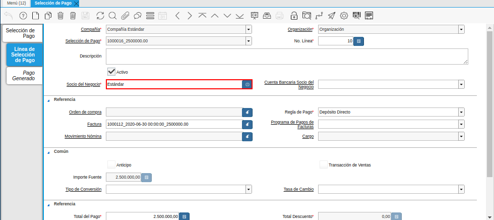 Socio de Negocio del Documento Registro desde Selección de Pago