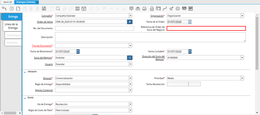Campo Referencia de Orden de Socio del Negocio de la Ventana Entregas Cliente