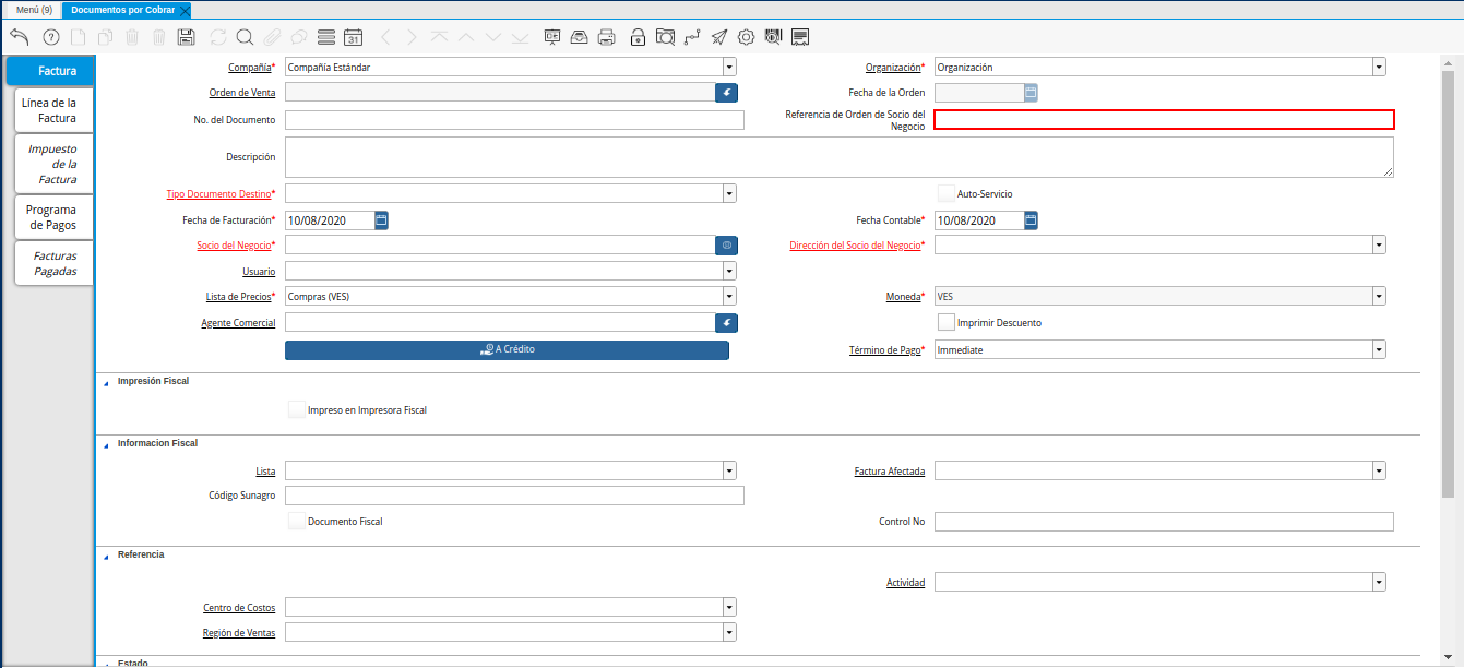 Campo Referencia de Orden de Socio del Negocio de la Ventana Documentos por Cobrar
