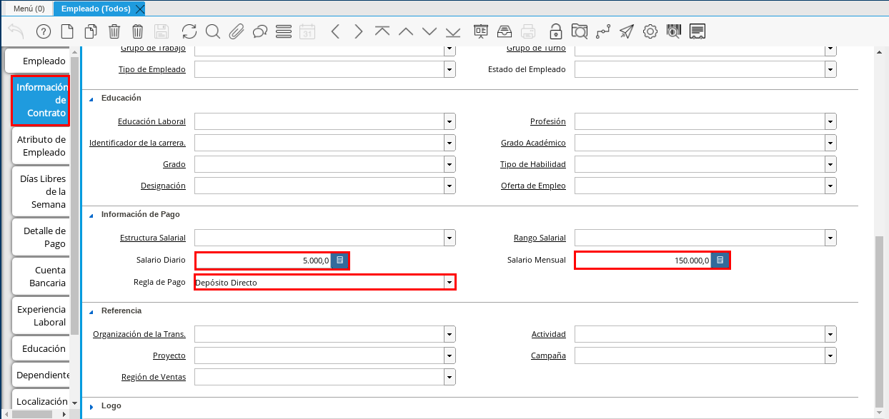 Pestaña Información de Contrato Detalle