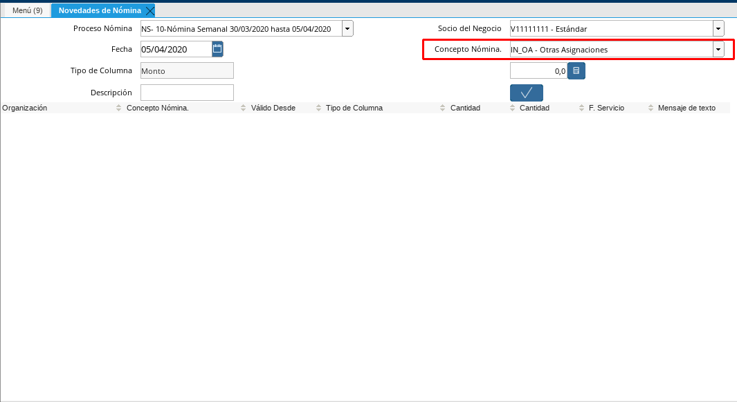 Campo Conceptos de Tipo Incidencias