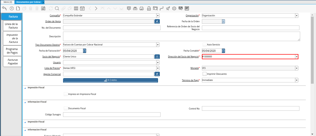 Campo Dirección del Socio del Negocio