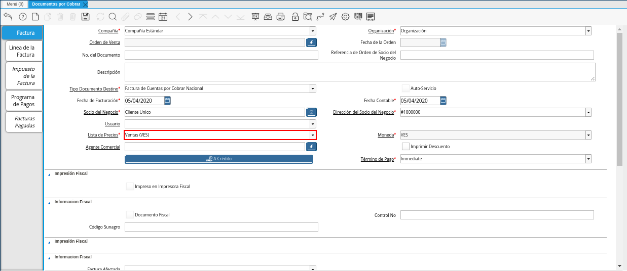 Campo Lista de Precios